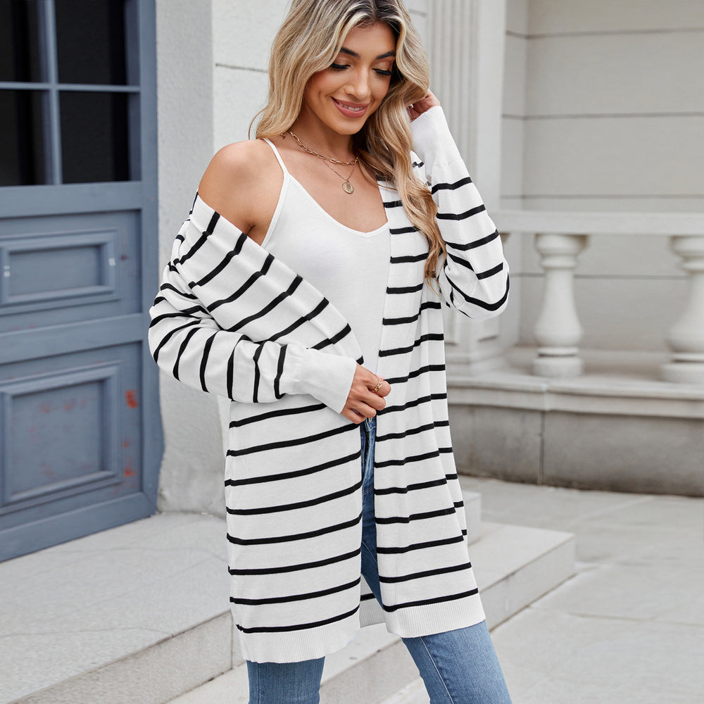 foreign trade  new arrival european and american clothing   cardiganlongknittingstripesoutwearsweater