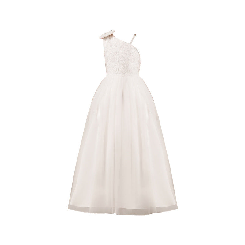 European and american style girls' white wedding dress, piano performance outfit, children's runway show host evening gown, cross-border customization