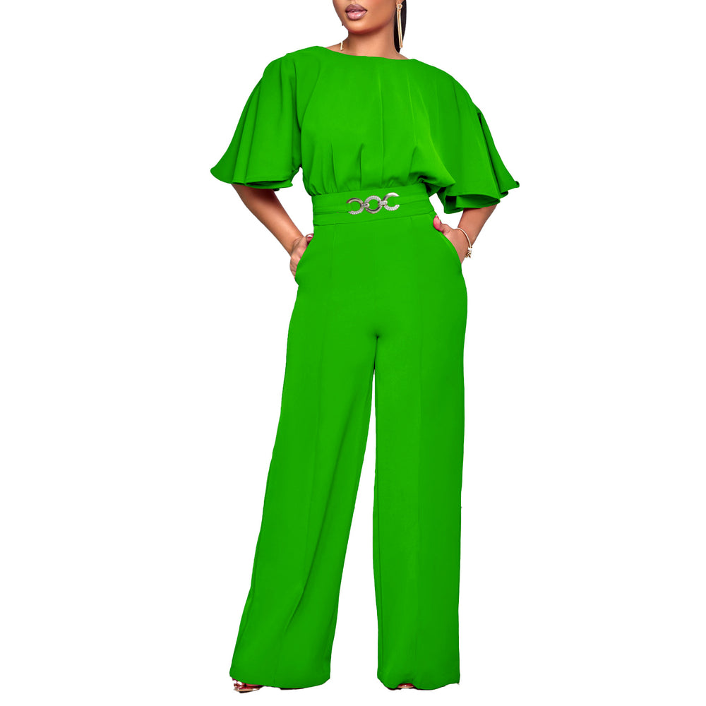 D3276  cross-border european and american women's summer fashion round neck solid color high waist plus size african wide leg jumpsuit
