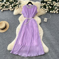 summer women's niche high-end beaded round neck short sleeve tie-waist pleated dress