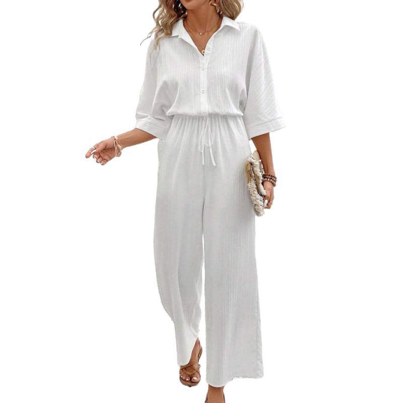 Women's lapel half sleeve jumpsuit button fly drawstring waist wide leg texture jumpsuit daily casual beach