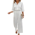 Women's lapel half sleeve jumpsuit button fly drawstring waist wide leg texture jumpsuit daily casual beach