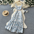 Vacation-ready blue floral two-piece set: women's summer high-waisted maxi skirt outfit - perfect for a garden getaway