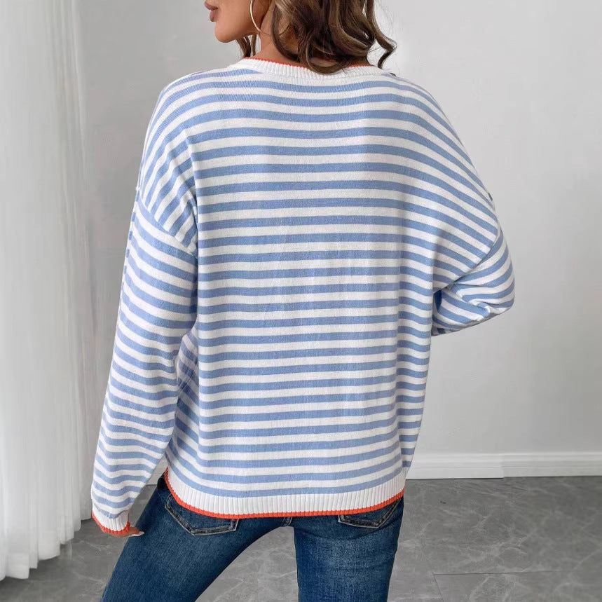 new blue striped crew neck long sleeve t-shirt - relaxed fit, slimming women's top