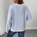 new blue striped crew neck long sleeve t-shirt - relaxed fit, slimming women's top