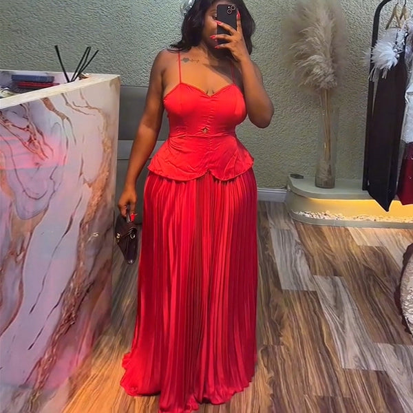 European and American  women's clothing 2025 summer new sexy temperament red suspender top pleated skirt set