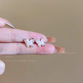 S925 silver needle pink temperament earrings gentle stylish niche super fairy girl heart ice crystal butterfly high-end earrings