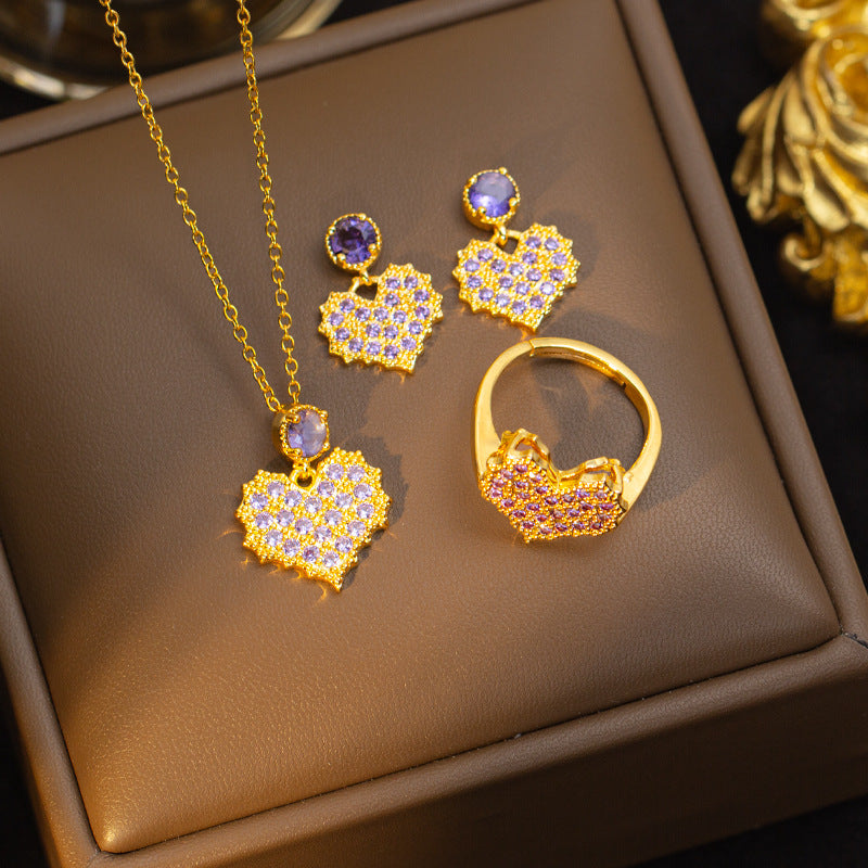 【set】titanium steel necklace for women, sweet full diamond dreamy purple heart pendant earrings, high-end elegant jewelry set