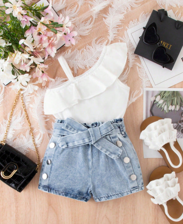 new cross-border fashion: european and american summer girls' one-shoulder cami top + denim butterfly shorts three-piece set