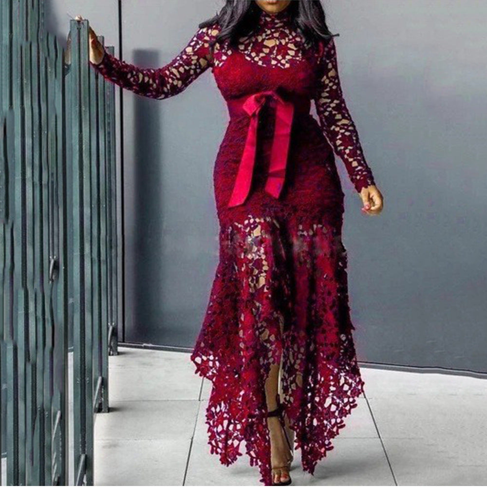 new european and american style women's export dress -  lace hollow-out long sleeve stand collar tie-up irregular dress in 5 colors