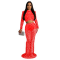 C6318 cross-border   fashion women's solid color mesh rhinestone long sleeve maxi dress two-piece set