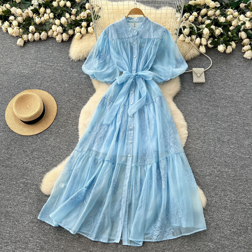 Palace style classy heavy industry embroider puff sleeve dress female summerfrench strap waist single breasted long skirt