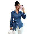 fashion  autumn new arrivalretro lapel single-breasted side waist tie backcasuallong sleevesshirt
