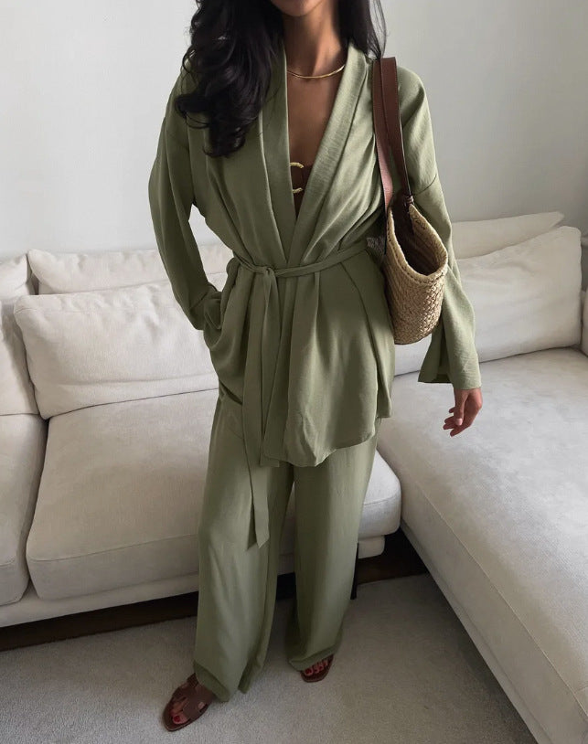 Cross-border new simple design set women's waist lace-up cardigan trousers  autumn leisure home two-piece set