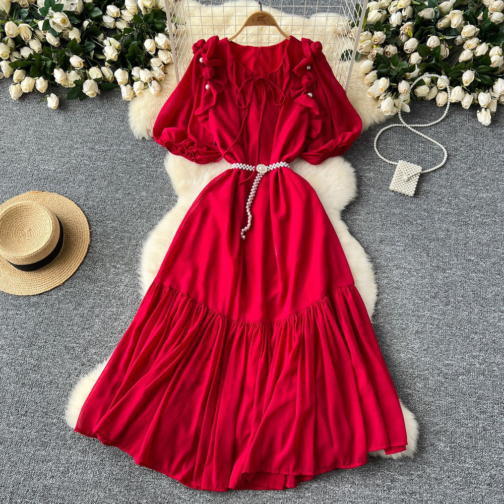 French-inspired beaded, ruffled, lantern-sleeve, a-line chiffon dress with a cinched waist and flattering, full skirt
