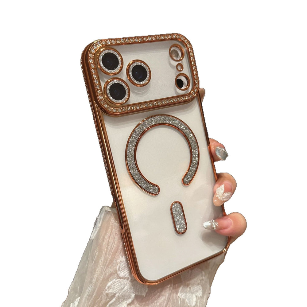 Suitable for iphone17promax mobile phone case, high-end edge diamond magnetic glitter lens film, apple 15 protective cover
