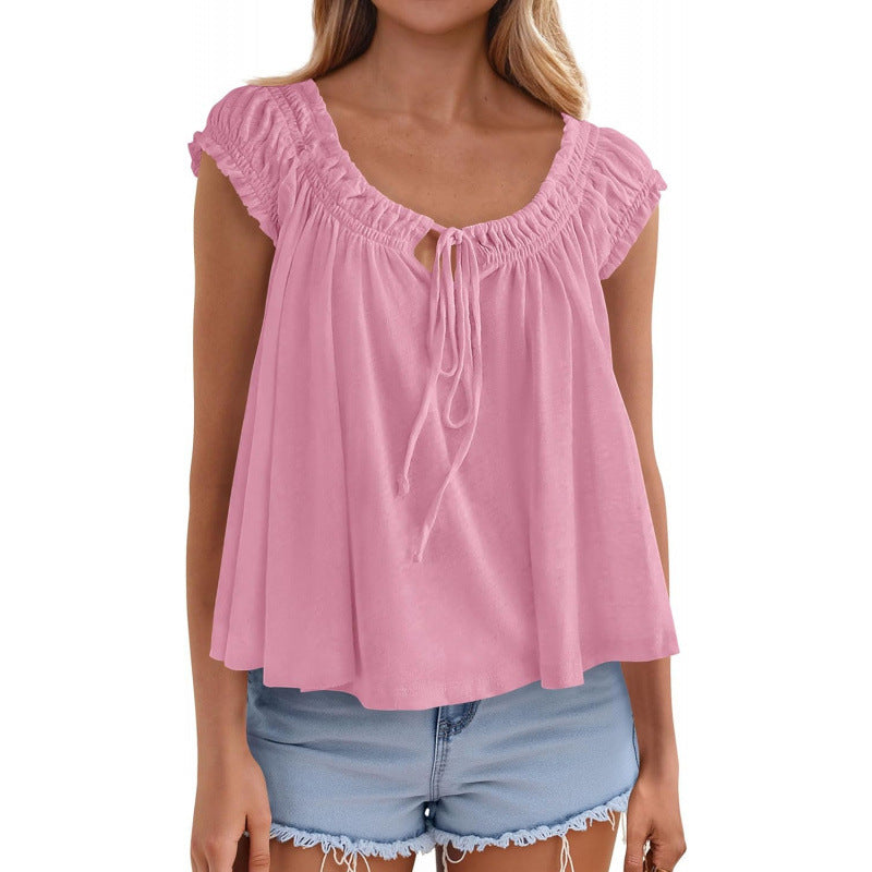 fashioneleganttie backrufflesshirt women's  summer new arrivalfashion pleated tops
