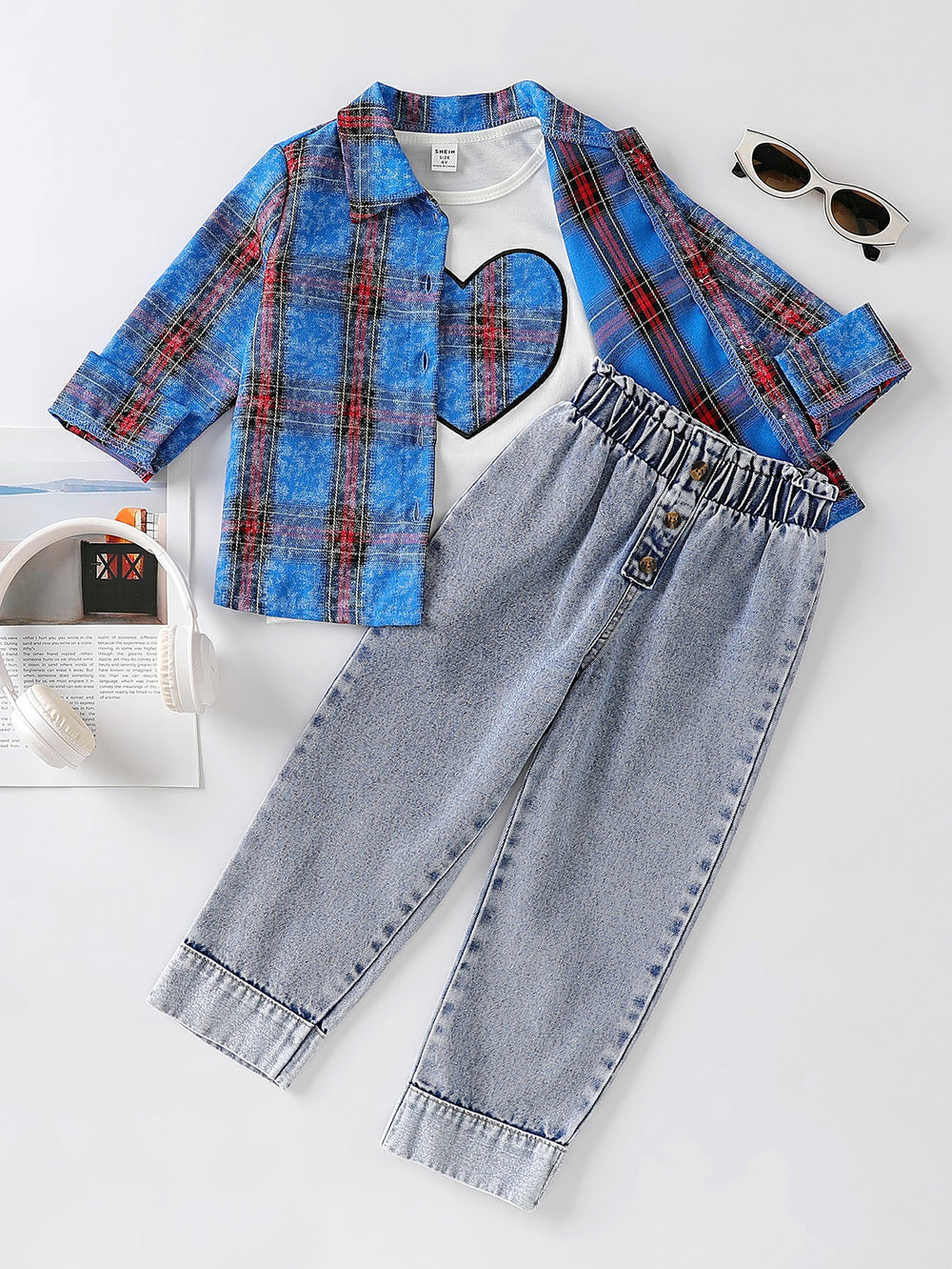 cross-border exclusive: trendy, playful, and energetic blue plaid shirt, jeans, and appliqué embroidered top three-piece set