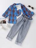 cross-border exclusive: trendy, playful, and energetic blue plaid shirt, jeans, and appliqué embroidered top three-piece set