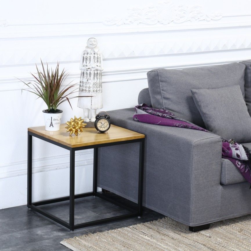 Scandinavian iron art solid wood coffee table small apartment sofa side table casual creative side table dark brown square mother-in-law coffee table