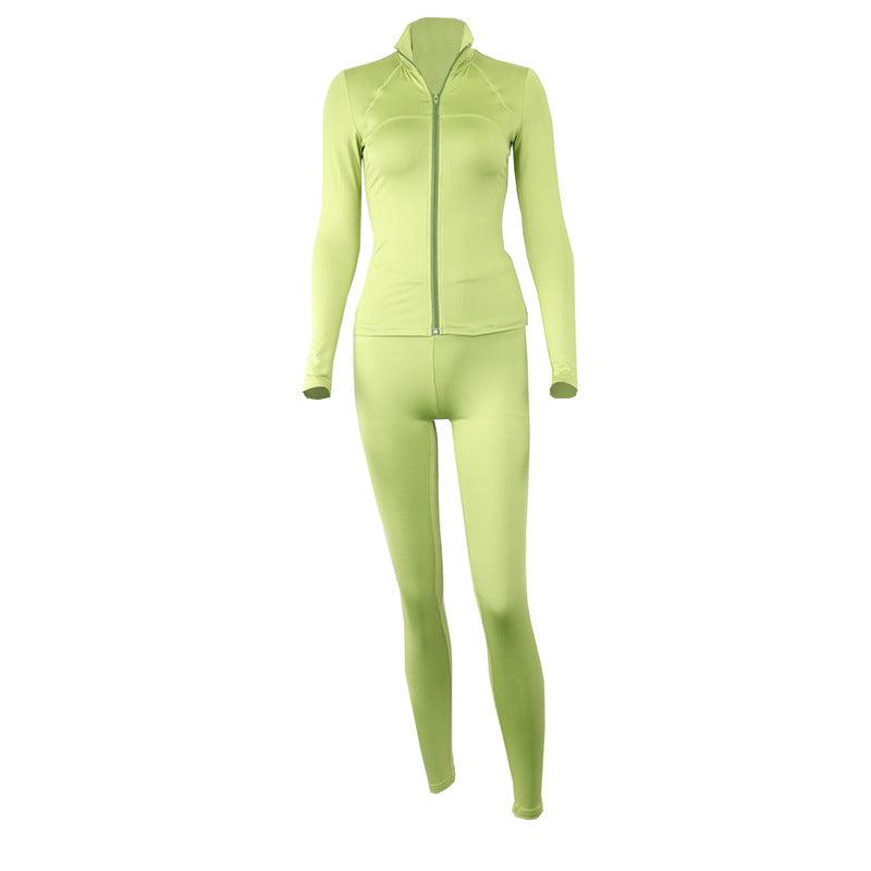European and american cross-border  autumn solid color zip-up stand collar activewear set - trendy fashion workout yoga outfit (jacket & pants)