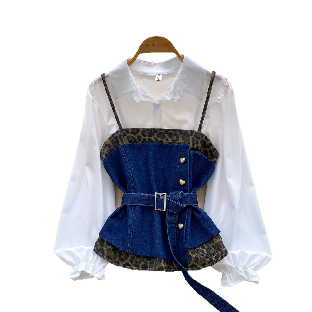 French retro leopard print two-piece set for women - spring/autumn, cinched waist, tie-up layered vest, high-end outfit