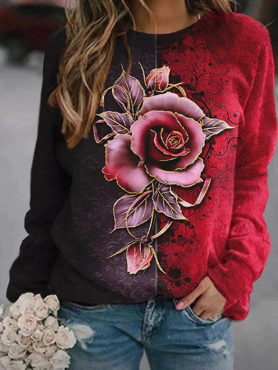 2026 amazon wish european and american cross-border round neck long sleeve floral print color block sweatshirt top - women's in-stock