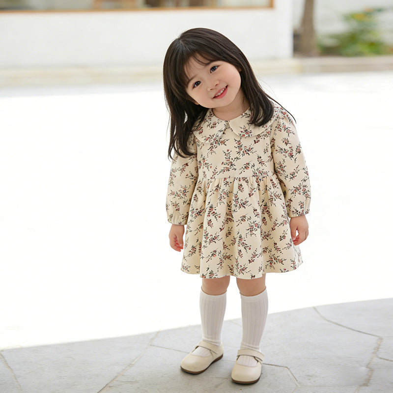 Girls' spring dress: new floral print ruffle collar princess dress for baby girls, spring and autumn little girl's skirt, children's clothing