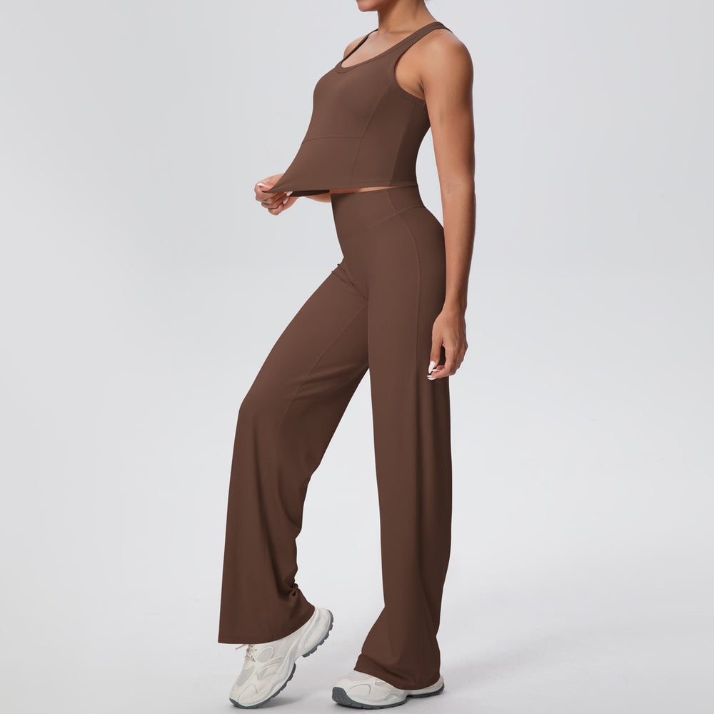 New arrival: cross-border double-sided brushed solid color breathable long wide-leg yoga outfit set - two-piece activewear for running and fitness