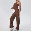 New arrival: cross-border double-sided brushed solid color breathable long wide-leg yoga outfit set - two-piece activewear for running and fitness