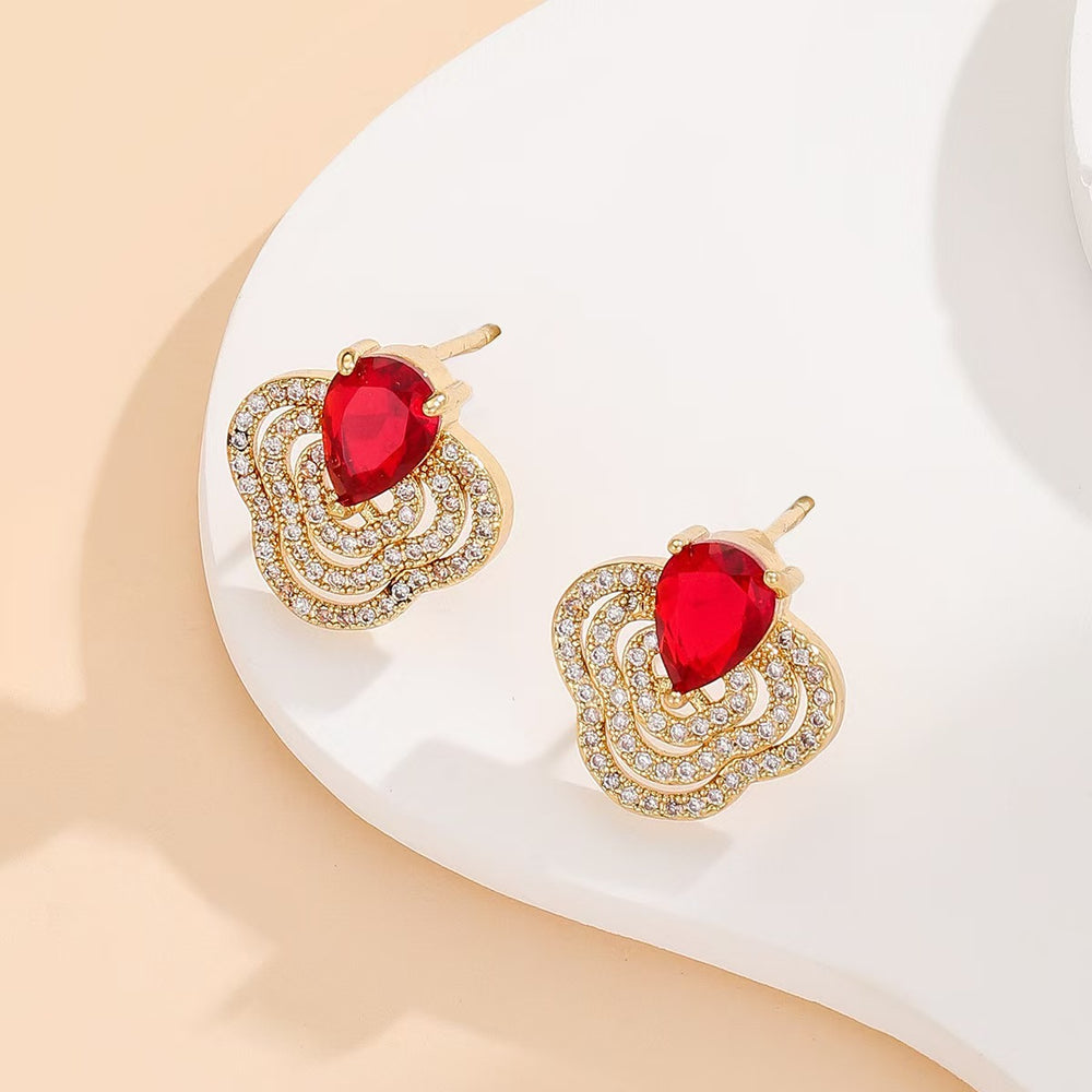 [titanium steel] necklace women's ruby flower pendant earrings ring suit light luxury clavicle chain earrings jewelry wholesale
