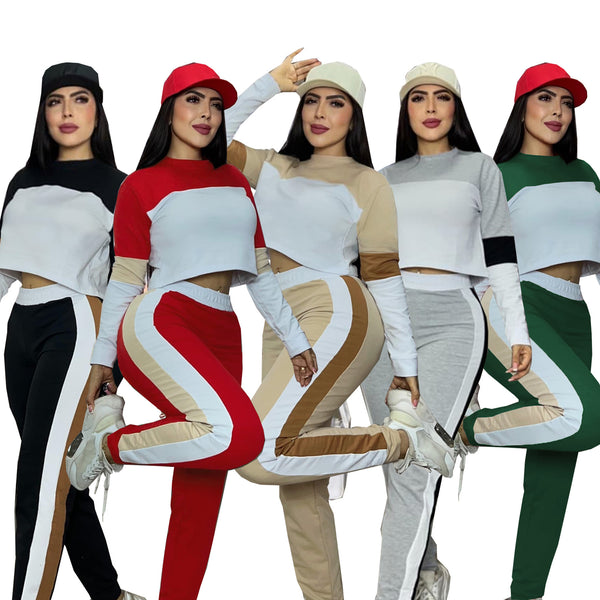 TW776  European and American fashion street color contrast splicing long-sleeved jumper women's sports and leisure trousers two-piece set