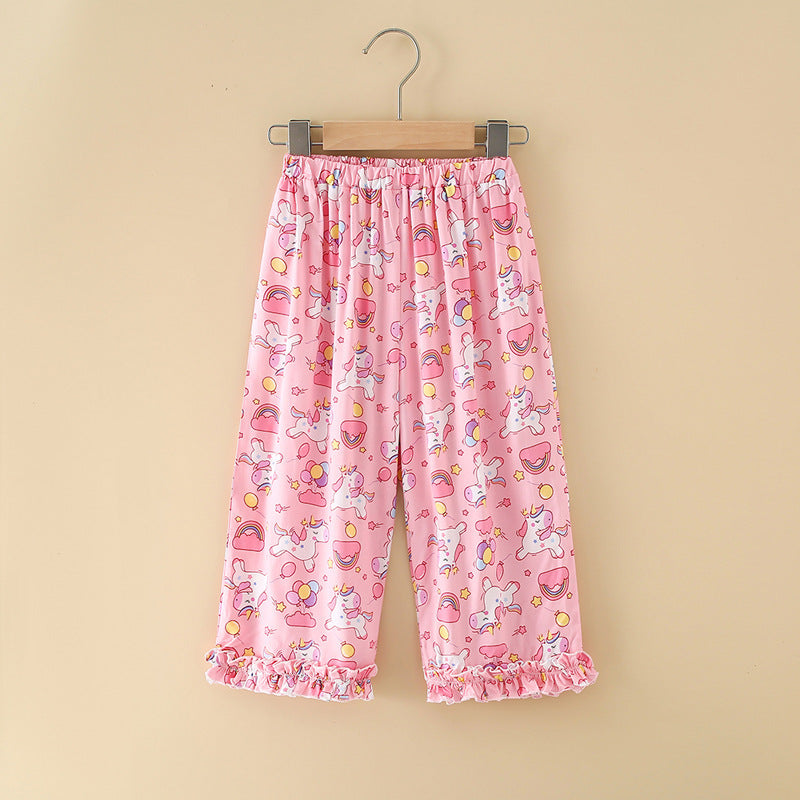 Girls' rayon summer lightweight pajama pants - cartoon print, loose fit, breathable, can be worn outdoors, cropped length