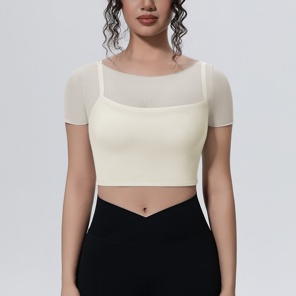 Fake two-piece mesh sports short-sleeved t-shirt for women with chest pad and navel-baring topsoutwear yoga quick-drying slimming look fitness clothes