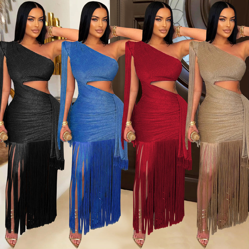 C7428 cross-border   fashion women's sexy casual one-shoulder tassel maxi dress
