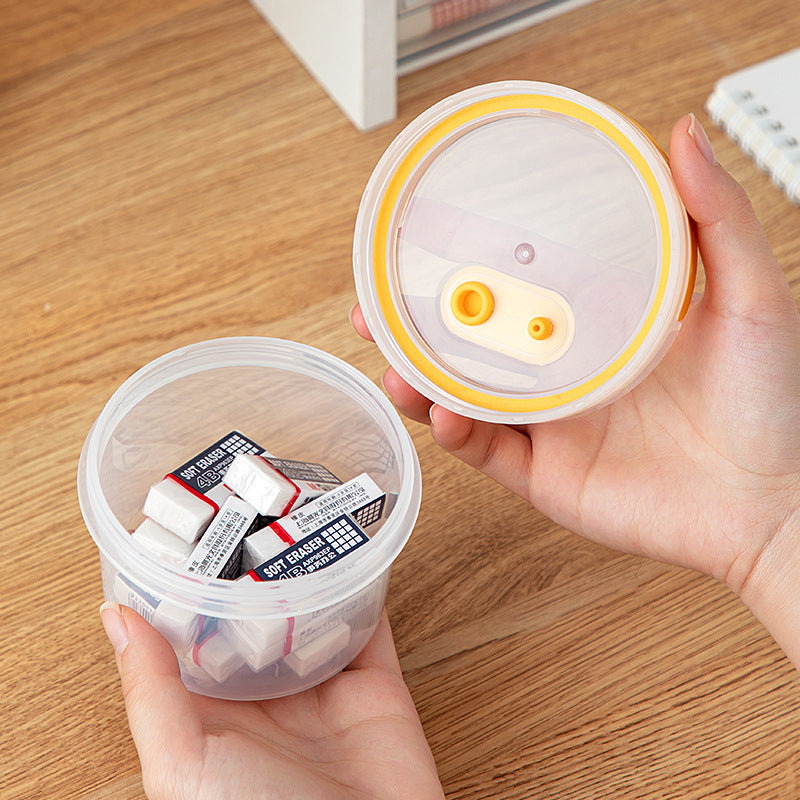 Desktop round handheld pen holder storage box with lid transparent plastic multi-functional desk sundries stationery storage box