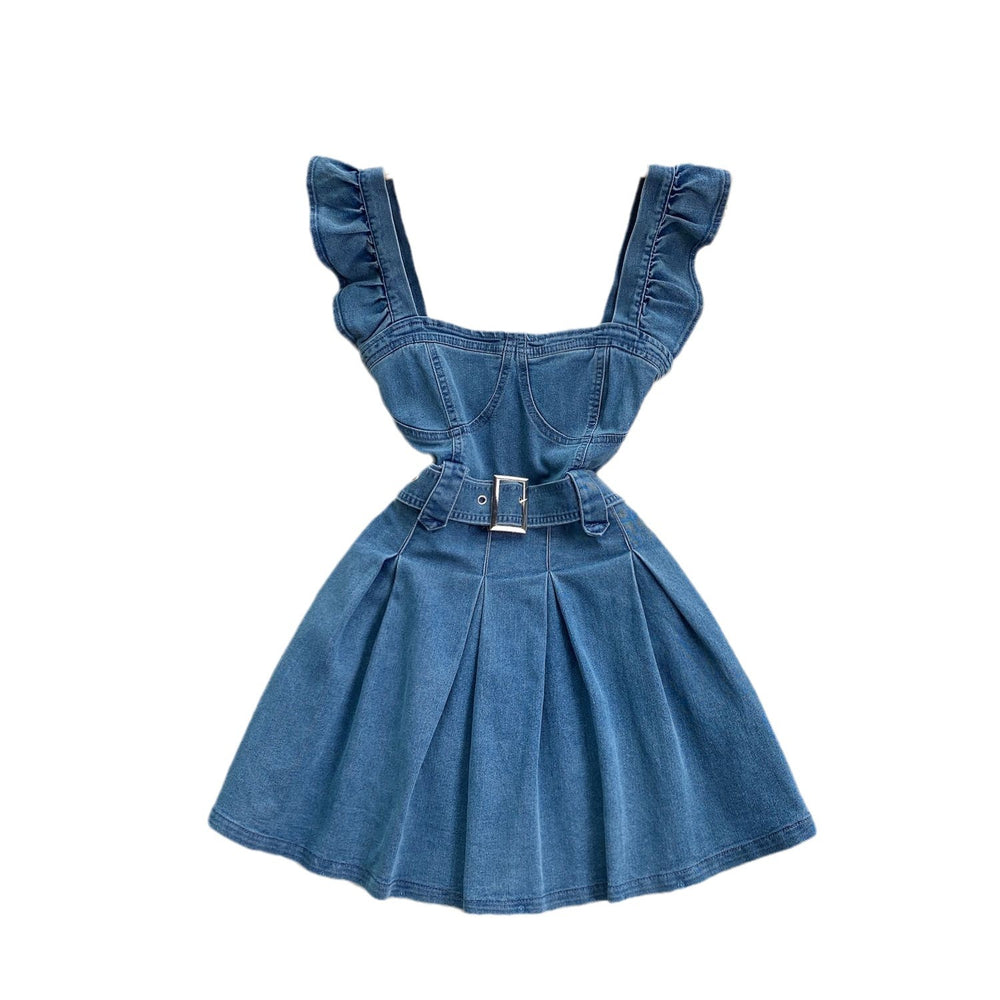 Korean style women's age-reducing preppy sweet flutter sleeve cami dress - vintage denim a-line mini skirt - trendy