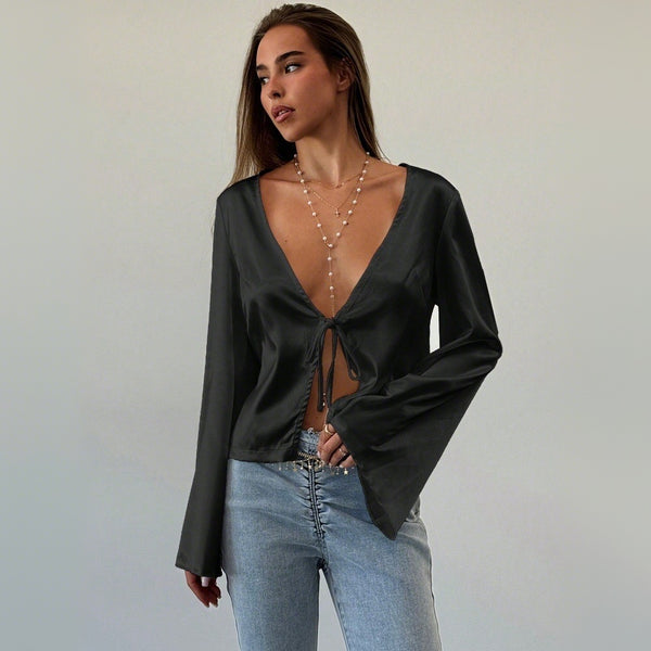 women's clothing European and American sexy style cardigan T-shirt 2024 autumn and winter new straps loose satin top