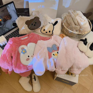 "cute baby outfit" fall and winter boys and girls fleece-linedheattech pajamas cloud velvet kids cute thickened home clothes cotton