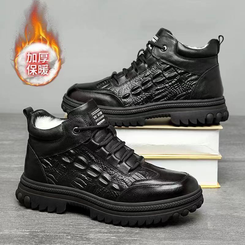 Winter leather shoes for elderly men, dad's fleece-lined casual warm anti-slip work shoes, thickened high-top men's cotton shoes