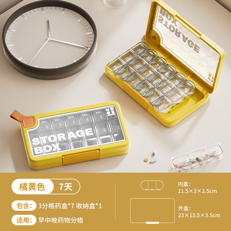 Plastic portable pill organizer - sealed, week-long, high-capacity travel pill case with compartments