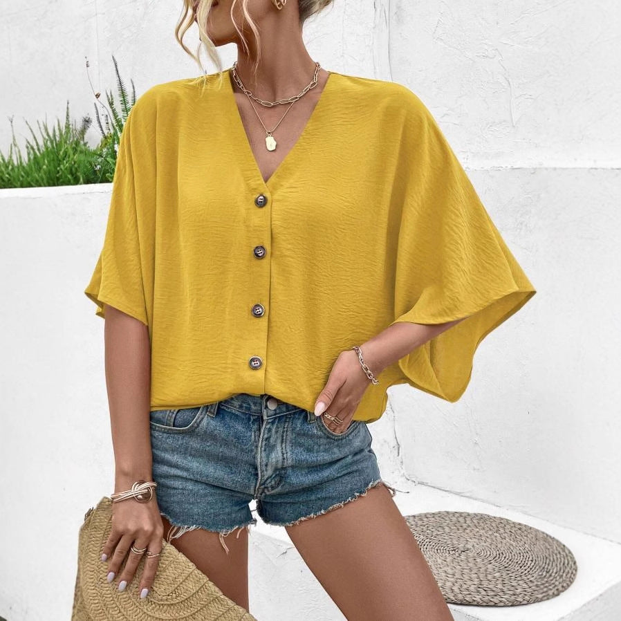 european and american cross-border  new autumn elegant v-neck loose short-sleeve printed solid color women's blouse