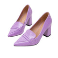Purple pointed-toe chunky heel patent leather loafers for women, designed with a vintage and elegant style. perfect as single shoes for commuting, these artsy and retro-inspired shoes are a must-have