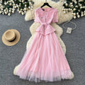 Xiaoxiangfeng socialite pink lace a-line dress women's summer waist slimming look mesh long skirt classy sense of commuting