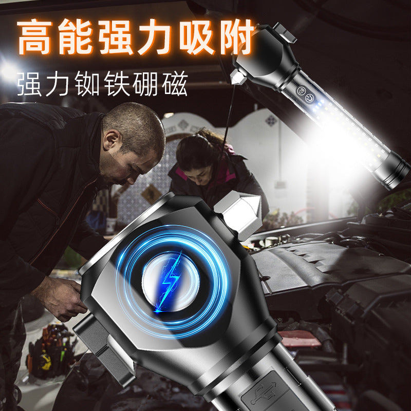 Cross-border new safety hammer flashlight Type-C charging outdoor with cutter alarm Car LED flashlight