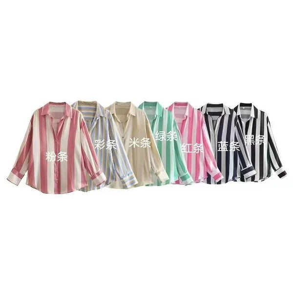 Cross-border  European and American wholesale striped style comfortable cotton feeling drape comfortable temperament shirt loose casual