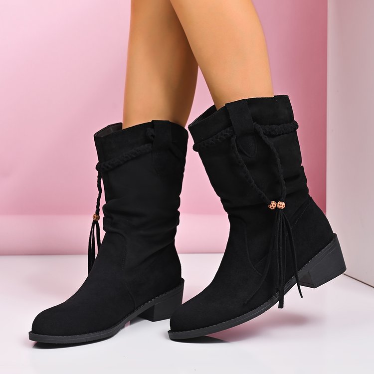 Fashion cross-border wholesale thick heel tassel boots women's fall and winter style retro short boots pleated pile boots medium cowboy boots