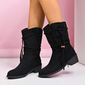 Fashion cross-border wholesale thick heel tassel boots women's fall and winter style retro short boots pleated pile boots medium cowboy boots