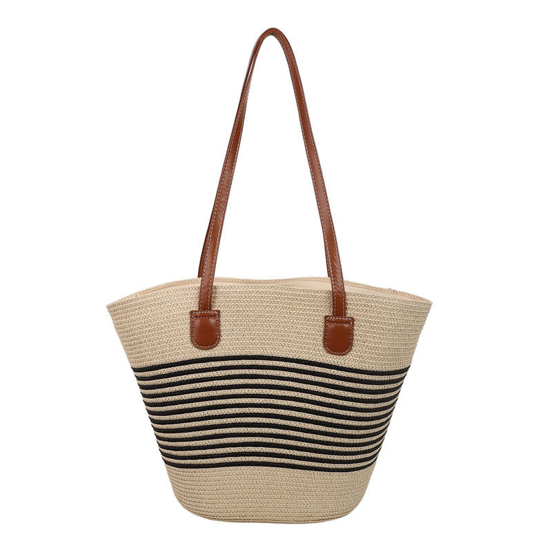 Large capacity straw woven bag women's new patchwork striped handbag fashionable knitted bag high-end tote beach bag