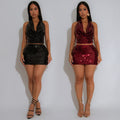 C7521 cross-border   fashion women's sexy backless v-neck sequin bodycon mini skirt set